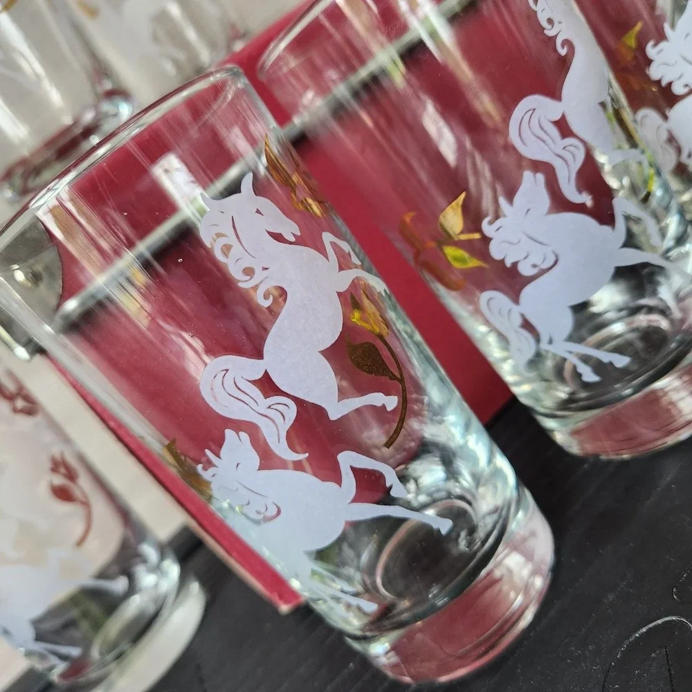 Vintage MCM Libbey Prancing Colts Frosted Highball Glass Set of 8 Barware Gold